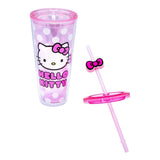 Hello Kitty By Sanrio White Polka Dot Pink Double Wall Tumbler w/Lid & Bow Topper Straw