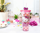 Hello Kitty By Sanrio White Polka Dot Pink Double Wall Tumbler w/Lid & Bow Topper Straw