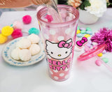 Hello Kitty By Sanrio White Polka Dot Pink Double Wall Tumbler w/Lid & Bow Topper Straw