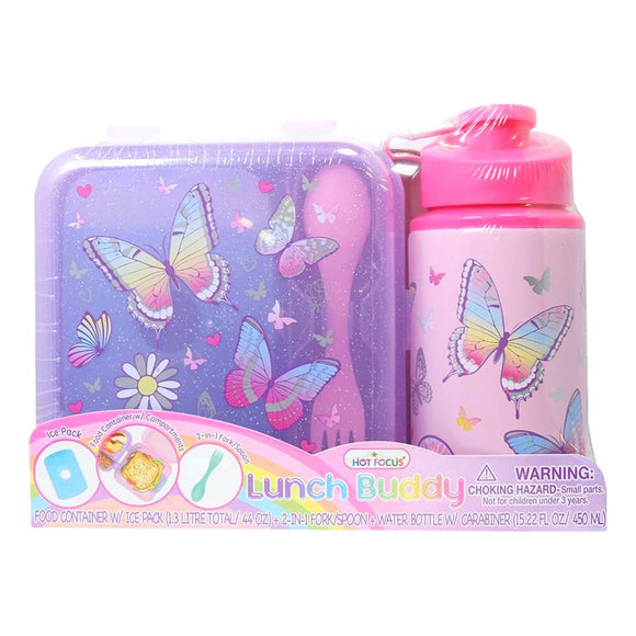 Hot Focus Butterflies Glitter Lunch Buddy Food Container Ice Pack Spork & Water Bottle w/Carabiner Clip