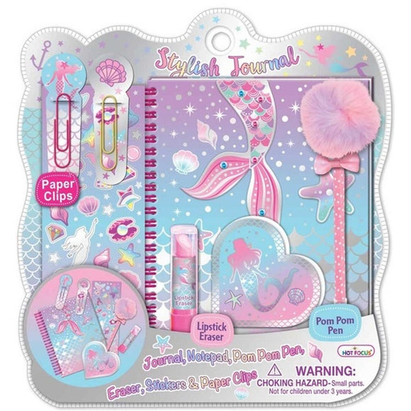 Hot Focus Mermaid Stylish Journal, Notepad, Lipstick Eraser, Stickers, Paper Clips, & PomPom Pen Set