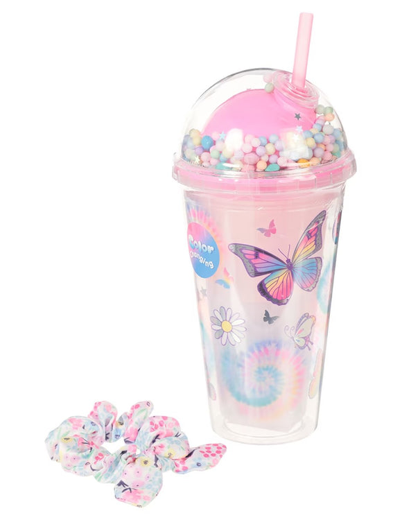 Hot Focus Tie Dye Butterflies Insulated Confetti Dome Color Changing Tumbler w/Hair Scrunchie