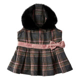 Hotel Doggy Grey & Pink Plaid Wool Peplum Dress Black Faux Fur Collar Dog Cat Pet Outfit