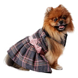 Hotel Doggy Grey & Pink Plaid Wool Peplum Dress Black Faux Fur Collar Dog Cat Pet Outfit