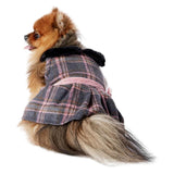 Hotel Doggy Grey & Pink Plaid Wool Peplum Dress Black Faux Fur Collar Dog Cat Pet Outfit