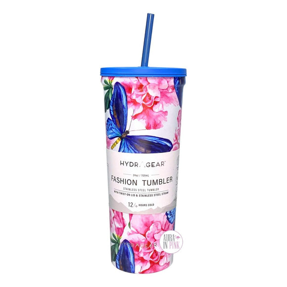 HydraGear Spring Floral Blue Butterflies & Pink Peonies XL Stainless Steel Fashion Tumbler