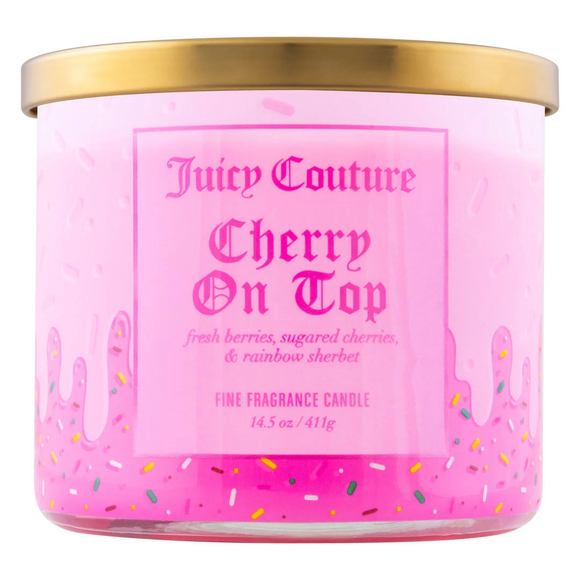 Juicy Couture Cherry On Top Triple Wick Fine Fragrance Scented Candle in Pink Icing Sprinkles Glass Jar w/Lid