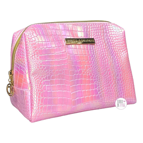 Juicy Couture Iridescent Pink Crocodile Faux Leather Zip Travel Cosmetics Makeup Bag