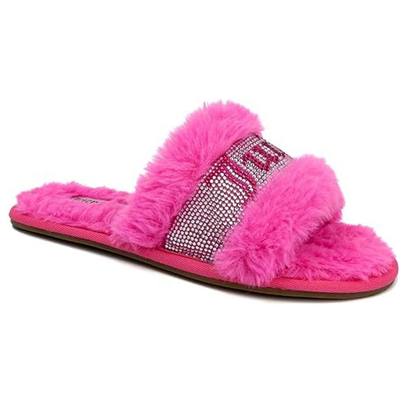 Juicy Couture Ladies Bright Pink Gravity Faux Fur Bling Slide Slippers
