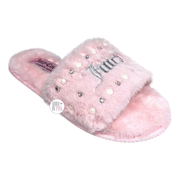 Juicy Couture Ladies Q-Blush Pink Gyanna Pearl & Crystal Bling Faux Fur Slide Slippers