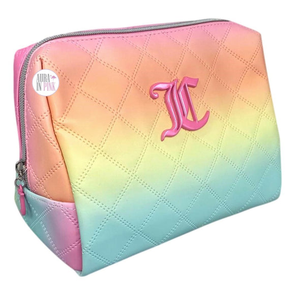 Juicy Couture Ombre Pastel Rainbow Faux Quilted Leather Zip Travel Cosmetics Makeup Bag