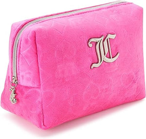 Juicy Couture Pink Velour Monogram Wedge Zip Travel Cosmetic Bag w/Toiletry Bottle