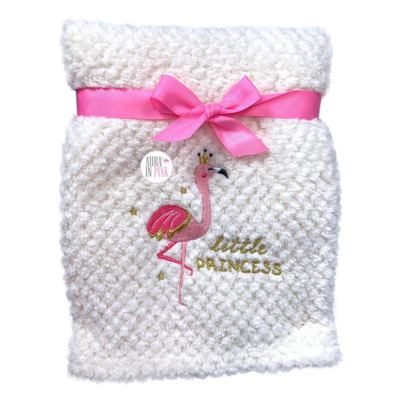 Pink Flamingo Little Princess Embroidered Ivory Waffle Plush Cozy Baby Blanket Throw 30