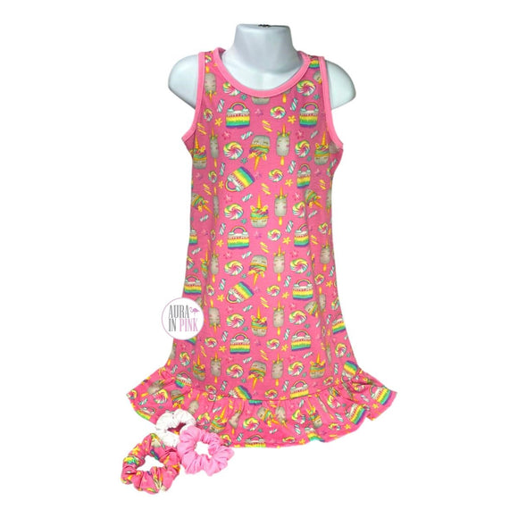 Lola Sleepwear Girls Unicorn Sweet Treats Pink Night Gown w/3 Matching Hair Scrunchies Set