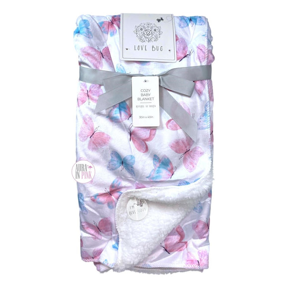 Love Bug Pastel Pink & Blue Serenity Butterflies Reversible Cozy Baby Blanket Throw 30