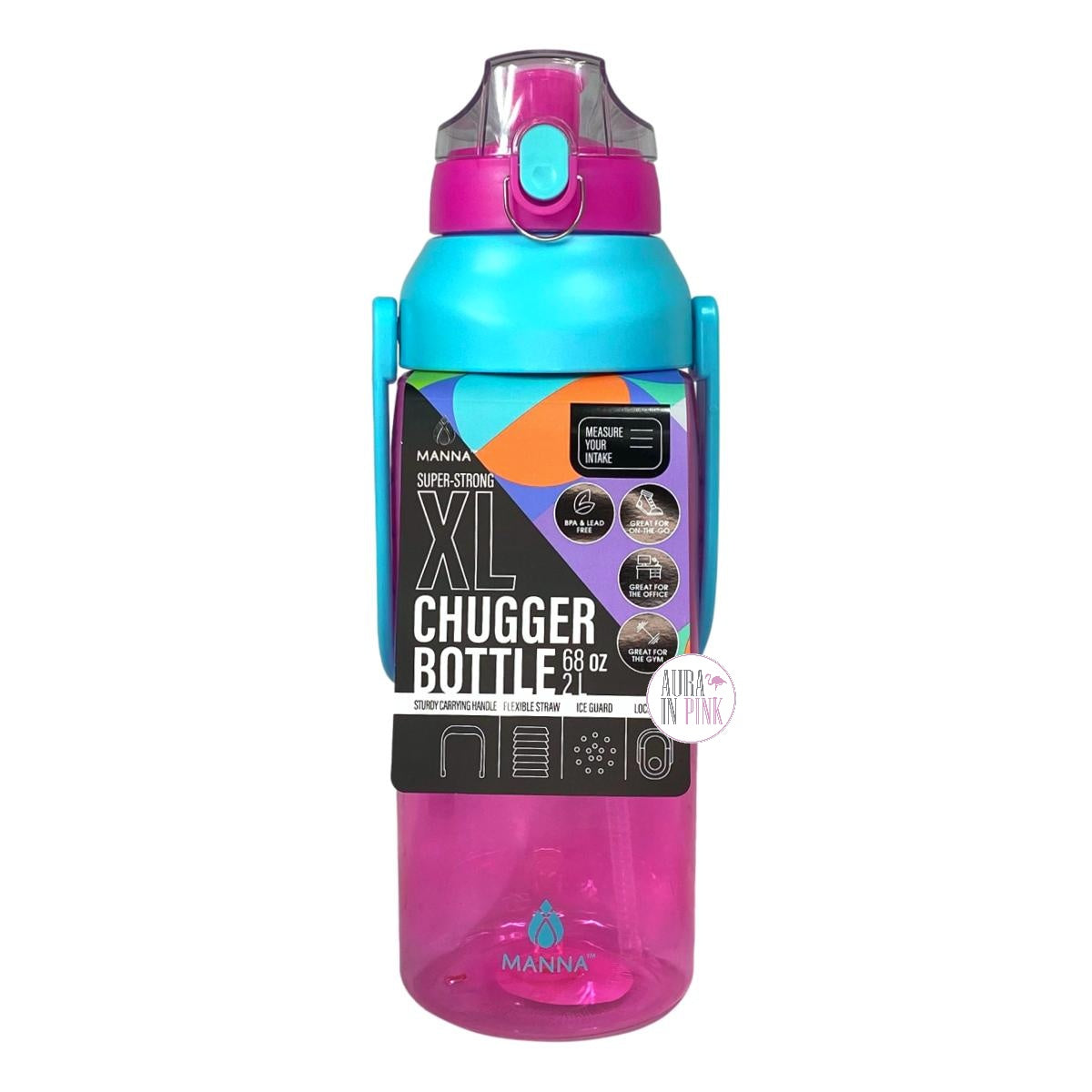 Manna Pink & Aqua XL 2L Super-Strong Chugger Water Bottle w/Sturdy