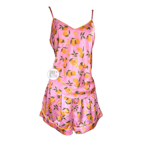 Maree Maree Ladies Yellow Lemon Pink Satin Tank Top & Shorts Sleepwear Set