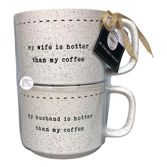 Marktfunde: „Meine Frau/mein Mann ist heißer als mein Kaffee“, gesprenkeltes 2-teiliges stapelbares Kaffeebecher-Set aus Keramik