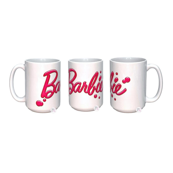 Mattel Licensed Barbie Pink Scripted Gel Splatter White Large Ceramic Coffee Mug