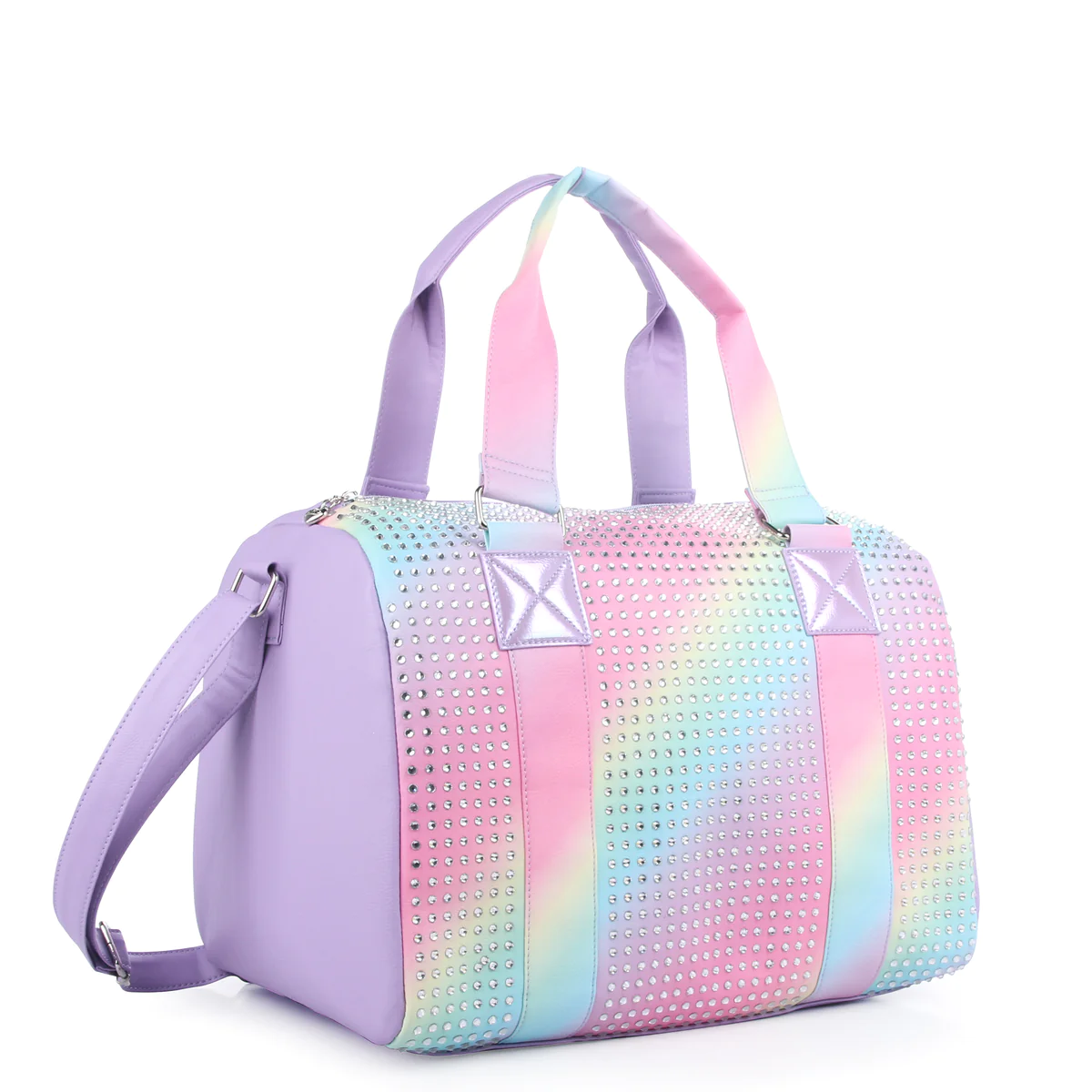 Miss Gwen s OMG Accessories Rhinestone Bling Orchid Ombre Pastel Rainbow Medium Duffle Bag
