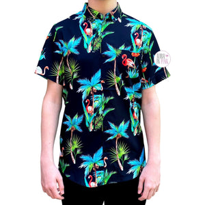 Molokai Surf Co. Schwarzes, florales Nachthemd mit rosa Flamingos und Palmen, kurzärmelig, für Herren