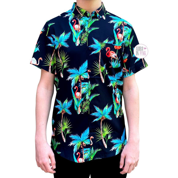 Molokai Surf Co. Black Floral Nights Pink Flamingos & Palm Trees Men's Button Down Short-Sleeved Shirt