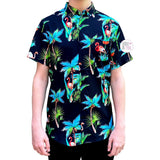 Molokai Surf Co. Black Floral Nights Pink Flamingos & Palm Trees Men's Button Down Short-Sleeved Shirt