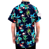 Molokai Surf Co. Schwarzes, florales Nachthemd mit rosa Flamingos und Palmen, kurzärmelig, für Herren