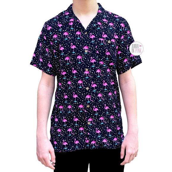 Molokai Surf Vintage Schwarzes Retro-Rosa Flamingos & Dreiecke Herren Button-Down-Kurzarmhemd