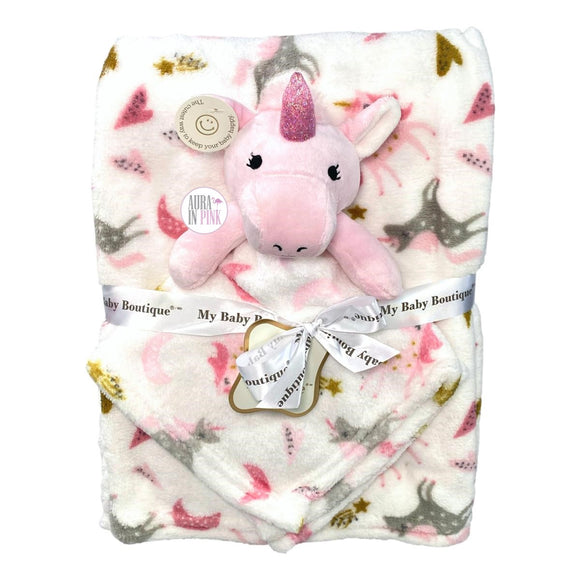 My Baby Boutique Super Soft & Cozy Plush Unicorn Blanket & Plush Matching Blanket Woobie Security Set