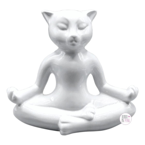 Namaste Yoga Cat Glazed White Ceramic Statue Décor