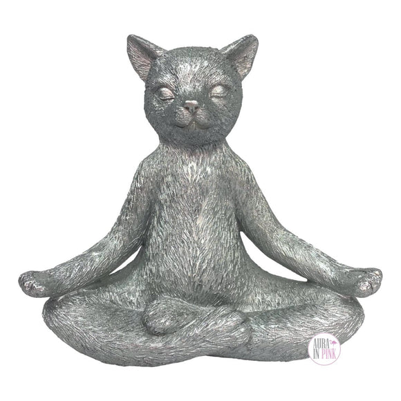 Namaste Yoga Cat Sparkling Silver Resin Statue Décor