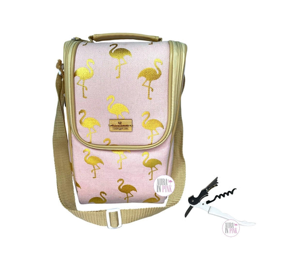 Natural Elements Contemporary Living – Isolierte XL-Weinflaschentasche mit Flamingos in Pink und Hellbraun, Kühltasche und Lunch-Tragetasche, mit faltbarem Korkenzieher als Bonus