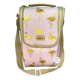 Natural Elements Contemporary Living Gold Flamingos Pink & Tan XL Insulated Wine Bottle Carrier Cooler Lunch Tote Bag w/Bonus Folding Corkscrew