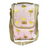 Natural Elements Contemporary Living Gold Flamingos Pink & Tan XL Insulated Wine Bottle Carrier Cooler Lunch Tote Bag w/Bonus Folding Corkscrew
