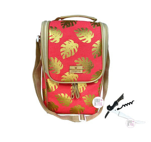Natural Elements Contemporary Living Gold Palm Leaves Coral & Tan XL Insulated Wine Bottle Carrier Cooler Lunch Tote Bag w/Bonus Folding Corkscrew