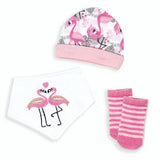 Necessities by Tendertyme 3-teiliges Set aus Babylätzchen, Mütze und Socken aus Baumwolle mit tropischen Flamingos und Stickereien