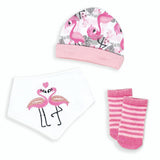 Necessities by Tendertyme Tropical Flamingos Embroidered Cotton Baby Bib, Hat, & Socks 3-Pc Set