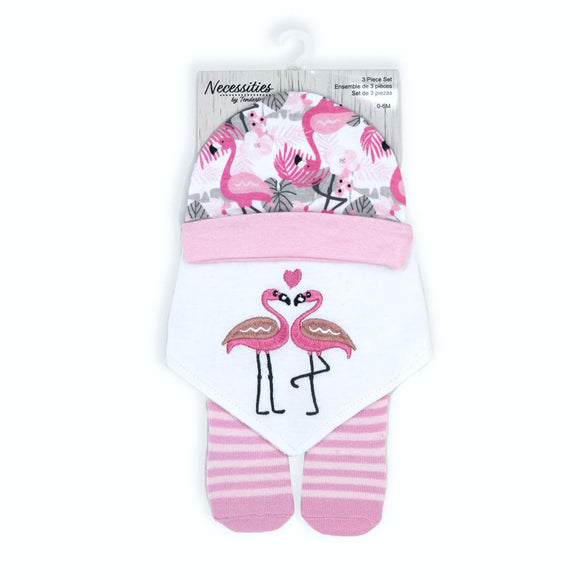 Necessities by Tendertyme Tropical Flamingos Embroidered Cotton Baby Bib, Hat, & Socks 3-Pc Set