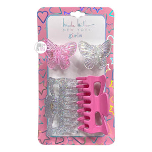 Nicole Miller New York 4-teiliges Haarspangen-Set für Mädchen mit rosa und schillerndem Glitzer-Schmetterling