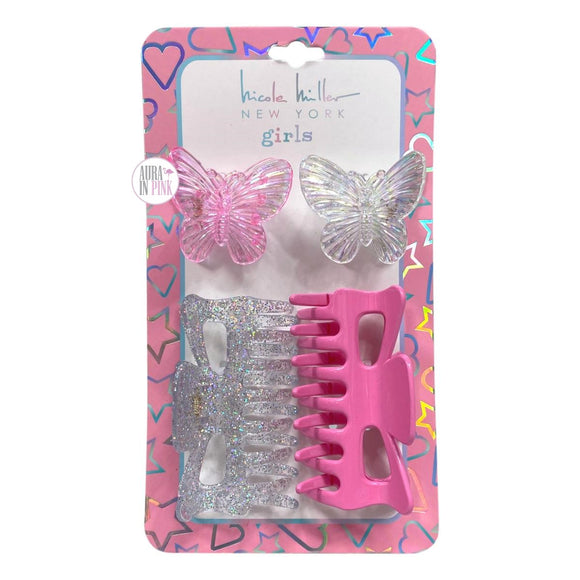 Nicole Miller New York Girls Pink & Iridescent Glitter Butterfly 4-Piece Hair Clips Set