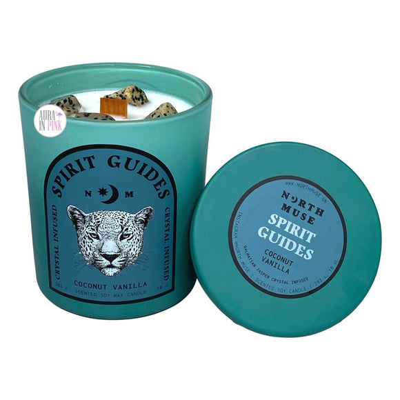 North Muse Spirit Guides The Leopard Dalmation Jasper Crystal Infused Coconut Vanilla Scented Glass Jar Candle