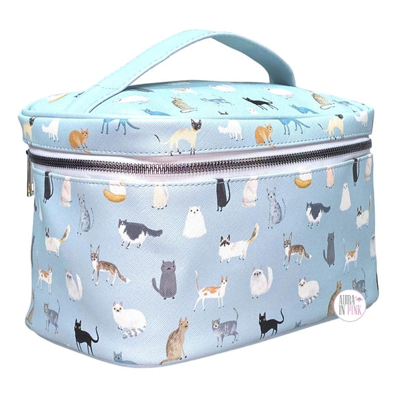 OCS Designs Quirky Cats Variety Cats Blue Beauty Bag Zip Train Case