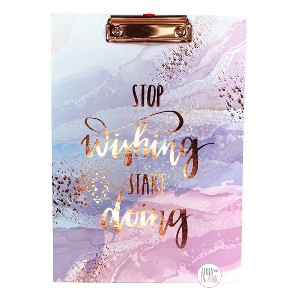 Paper Factory Stop Wishing Start Doing Watercolor Lilac Rose Gold Padfolio Clipboard w/Ruled Notepad
