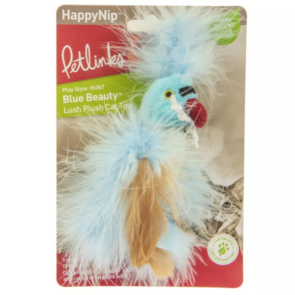 Petlinks HappyNip Blue Beauty Parrot Lush Plush Catnip Silvervine Feathered Cat Toy