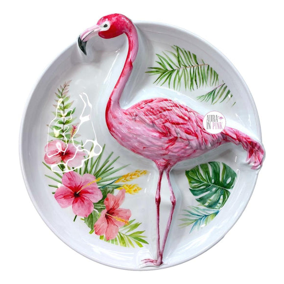 Pink Flamingo Tropical Foliage & Hibiscus Floral 3-Part Round Serving Platter Tray