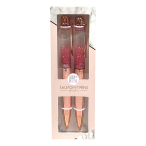 Pink Glitter Liquid Bling Metallic Rose Gold Dual Ballpoint Pens Boxed Set