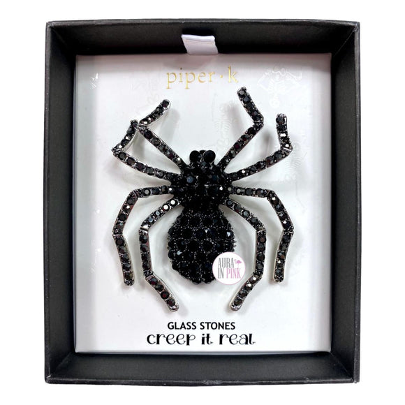 Piper K Creep It Brosche mit echtem schwarzen Kristall und glitzernden Spinnenmotiv