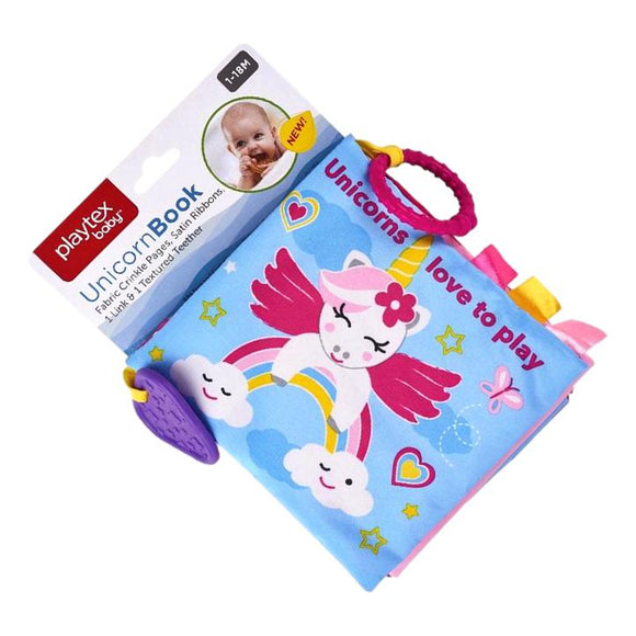 Playtex Baby Stoff Crinkle Satin Bänder Strukturierter Beißring & Link Einhorn Buch