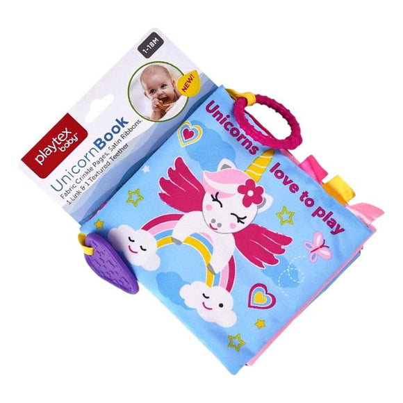 Playtex Baby Fabric Crinkle Satin Ribbons Textured Teether & Link Unicorn Book